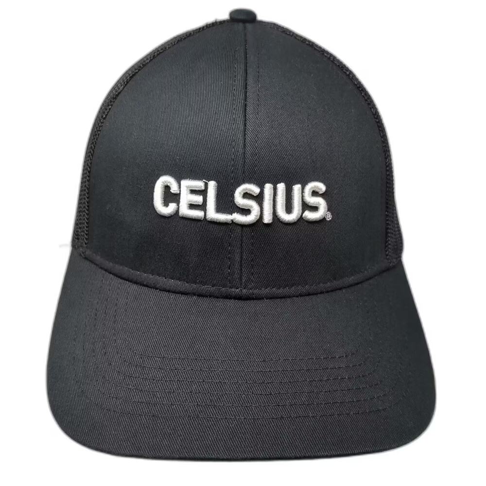 Celsius Trucker Hat Black White OS Mesh Back Snapback Adjustable Embroidered